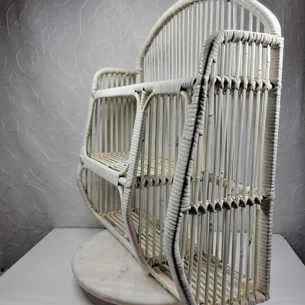 VTG Wrapped Rattan Wicker Shelf White Arched 3 Tier Boho Storage Cabinet